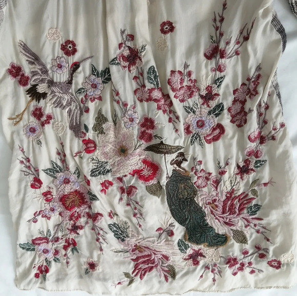 Johnny Was Hisako Embroidered Silk Button Blouse XS Plaid Japanese Floral Bird - Picture 5 of 17